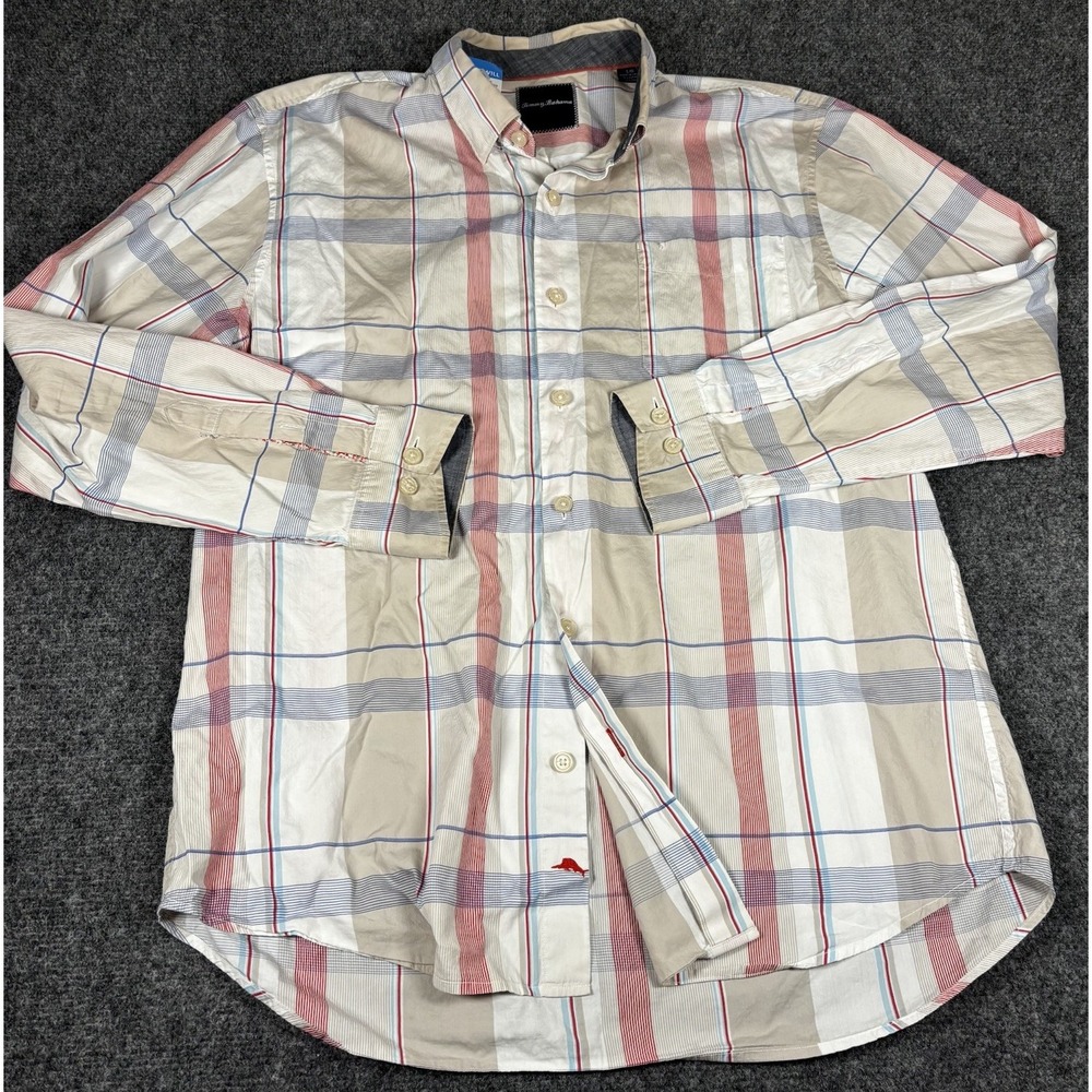Tommy Bahama‎ Button Down Mens L White Tan Red Blue Plaid Cotton Silk Blend